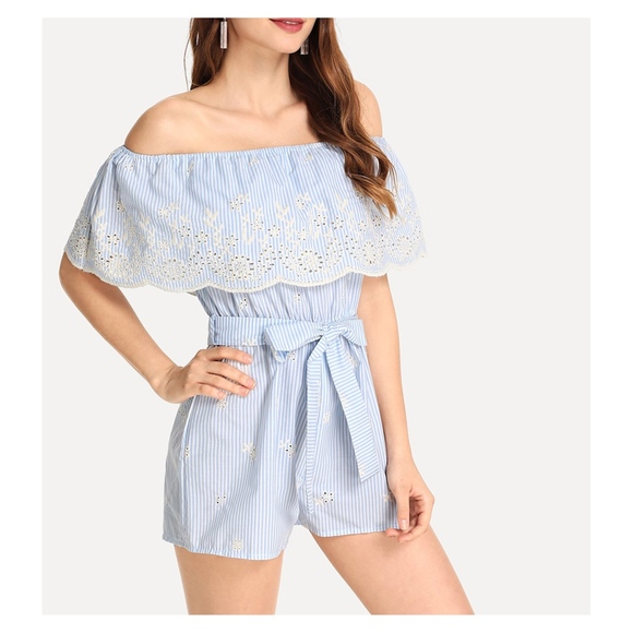Blue Striped Off the Shoulder Embroidered Romper - Picture 4 of 5